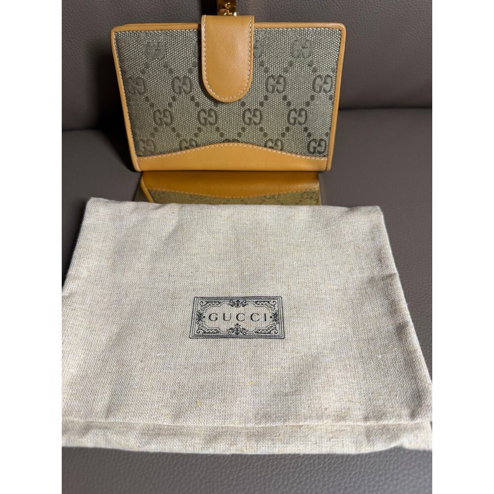Vintage Gucci Monogram Canvas & Leather Trim Kiss Lock Wallet COA & Dust bag Inc